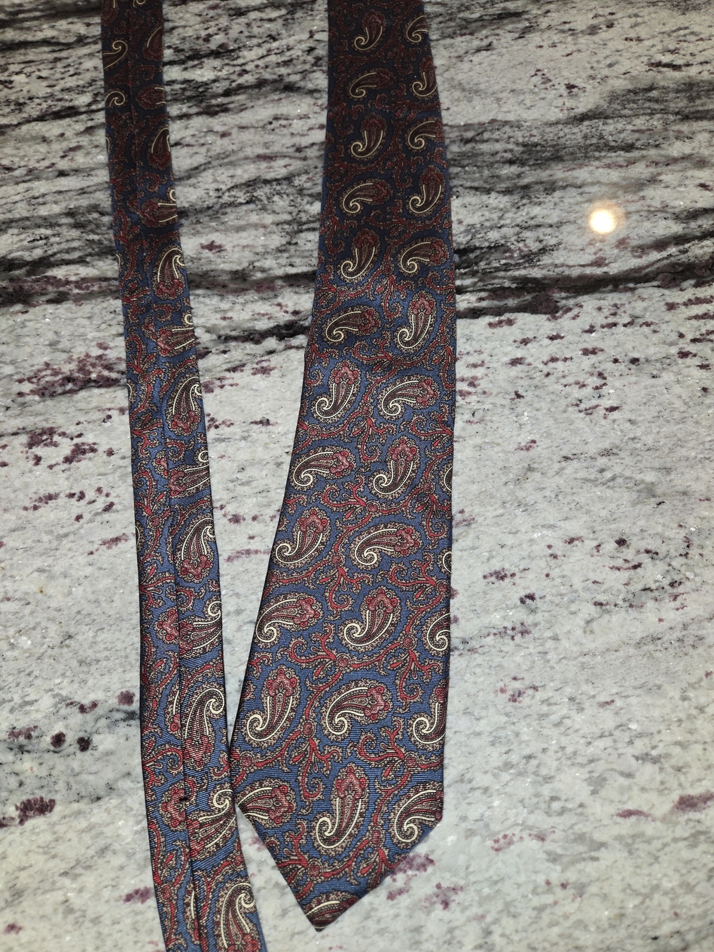 Vintage Blue Paisley 100% Silk Tie with Red and Cream Accents  Made In The USA